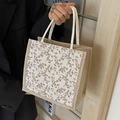 Borsa tote in juta con stampa floreale, manici in corda e stile vintage francese - Stile Cerniera Bianco Sporco