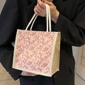 Borsa da pranzo francese con motivo floreale rosa, lati in tela e manici in corda - Rosa Stile Cerniera
