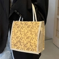 Borsa da pranzo floreale in tela gialla con eleganti manici in corda intrecciata - Stile Cerniera Gialla