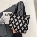Canvas tote bag with black and white geometric weave and durable ribbon handles - Small (No Pendant) / Black