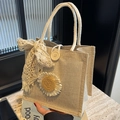 Japanese style jute lunch bag with lace bow, sunflower decor and cotton rope handles - Beige Button Style With Ribbon Scarf