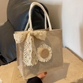 Handcrafted linen tote bag with 3D daisy flower and lace bow detail for women - Beige Zipper Style With Ribbon Scarf
