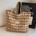 Colorful geometric woven canvas tote bag with bohemian diamond pattern and shoulder straps - Khaki Large