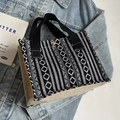 Ethnic style canvas tote bag with black and white geometric patterns and woven handles - Black Webbing Style