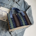 Ethnic geometric pattern mini tote bag with dark blue weave and canvas bottom - Blue Webbing Style
