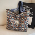 Böhmische Tragetasche mit buntem Rautenmuster und blauen Canvas-Trageriemen für Damen - Blau Groß