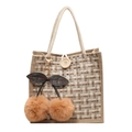 Sac à lunch tissé en lin avec poignées en corde, bouton en bois et charms cerises - Style Bouton Blanc Cassé Avec Pendentif Cerise Kaki