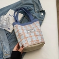 Leinen-Eimertasche mit blau-orangefarbenem Tweed-Patchwork und blauem Griff - Blau