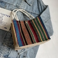 Ethnic knit tote bag with colorful geometric patterns and thick cotton rope handles - Wine Red Cotton Rope Style