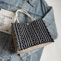 Ethnic knit tote bag with black and white diamond patterns and sturdy cotton rope handles - Black Cotton Rope Style