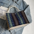 Ethnic pattern woven tote bag with blue and yellow geometric motifs and rope handles - Blue Cotton Rope Style