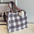 Purple and white checkered tote bag with a white heart plush keychain charm - Purple Large With White Heart Pendant