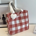 Large red and white plaid tote bag with white woven handles and a heart plush charm - Red Large With White Heart Pendant