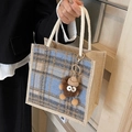 Linen tote bag with blue plaid patchwork, thick rope handles and plush monster charm - Blue Zipper Style With Brown Elf Charm