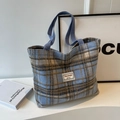 Grand sac cabas à carreaux bleu et marron en laine avec anses en tissu solides - Grand Bleu Sans Pendentif