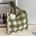 Green and white checkered canvas tote bag with a soft heart plush keychain accessory - Green Large With White Heart Pendant