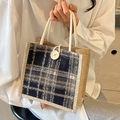 Chic linen tote bag featuring a navy blue plaid patchwork and white rope handles - Black With Button