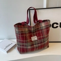 Grand sac cabas en laine à carreaux rouge et gris avec doubles anses et étiquette - Grand Rouge Sans Pendentif