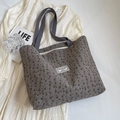 Sac fourre-tout en velours côtelé marron à fleurs avec anses grises et étiquette - Grand Gris