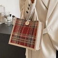 Portable linen tote bag with red and navy plaid pattern and soft cotton rope handles - Red Button Style