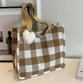 Brown and white plaid tote bag with a heart charm accessory for daily commute - Khaki Large With White Heart Pendant