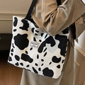 Cow print corduroy tote bag with black straps and minimalist woven brand patch - L Black