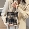 Vintage checkered linen tote bag with woven texture and white cotton rope handles - Black Zipper Style