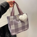 Sac fourre-tout à carreaux violets et blancs avec charm cœur en peluche blanche femme - Violet Petit Avec Pendentif Coeur Blanc