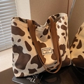 Cream corduroy tote bag with brown cow print pattern and wide brown fabric handles - Large Coffee