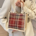 Linen tote bag with vintage British plaid pattern and rustic braided rope handles - Red Zipper Style