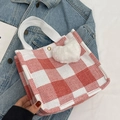 Red and white checkered canvas tote bag with heart plush charm on denim fabric - Red Small With White Heart Pendant