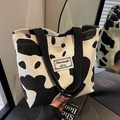 Chic cow print corduroy tote bag with black webbing handles and large capacity - Small Black