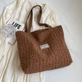 Grand sac cabas en velours côtelé marron à motif floral rétro et anses solides - Café Large