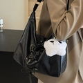 Large black shoulder tote bag with side drawstring and white star plush charm detail - With Plush Star Pendant / Black