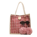 Borsa bento in lino con tessuto vichy rosso e decorazione con pompon a ciliegia - Stile Bottone Rosso Con Ciondolo Ciliegia Rosa
