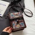 Retro mini crossbody phone bag with rainbow geometric fabric and brown leather trim - Blue