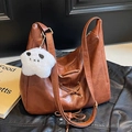 Brown PU leather hobo bag with lace-up detail and plush cloud charm accessory - With Plush Star Pendant / Brown