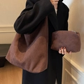Dark brown suede tote bag set with matching small pouch worn on a wool coat - Coffee