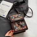 Vintage crossbody bag in dark coffee leather with colorful geometric woven pattern - Green