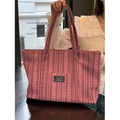 Pink striped corduroy tote bag with fashion label for stylish daily commuting - Pink