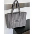 Grey striped large canvas tote bag with shoulder straps and minimalist square logo tag - Gray