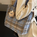 Borsa tote in lana a quadri blu e kaki da donna con ciondolo in peluche e ampia capacità - Grande Blu Con Ciondolo Mostro Cachi