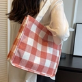 Large capacity orange and white checkered tote bag with woven shoulder strap - Red Large Without Pendant