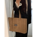 Brown corduroy tote bag for women with fashion label and large capacity design - Coffee