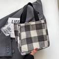 Fashionable black and white checkerboard tweed tote bag with gold metal clasp - Black Small Without Pendant