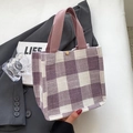 Large tote bag with purple and white checkered weave pattern and metal button closure - Purple Small Without Pendant