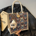 Ethnic woven linen handbag with wooden button and cute plush doll pendant accessory - Blue With Khaki Elf Pendant