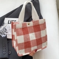Red and white checkerboard canvas tote bag with white woven handles and metal buckle - Red Small Without Pendant