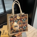 Ethnic linen tote bag with colorful geometric patterns and cute monster charm - Green With Monster Charm