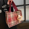 Red vintage plaid tweed tote bag with plush monster charm and durable fabric handles - Small Red With Khaki Monster Charm